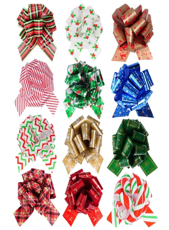 Sucrain 12PCS Christmas Bows for Gift Wrapping Christmas Wrap Gifts Pull Bows Large Ribbon Bows Wrapping Accessory for Xmas Bouquet Baskets Wine Bottles Decoration - Image 1